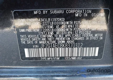 2019 Subaru Crosstrek 2.0I Premium из США, поврежденный, VIN JF2GTAEC8K8370312